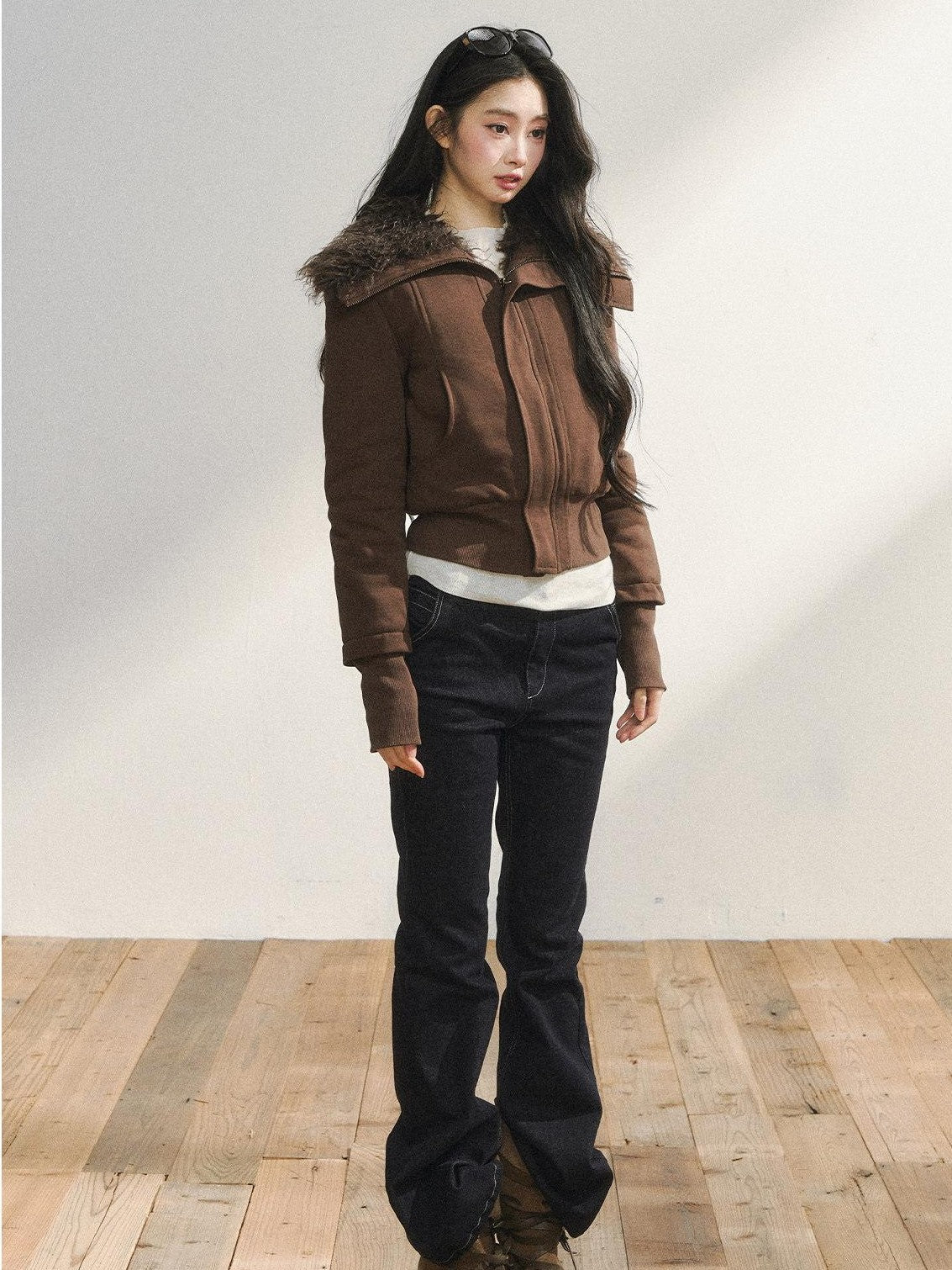 7Shiftin Plush Zippered Lapel Cinched Waist Long Sleeve Women&