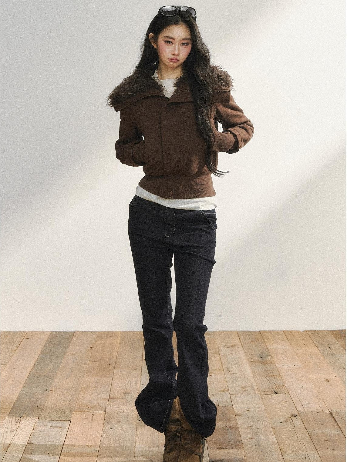 7Shiftin Plush Zippered Lapel Cinched Waist Long Sleeve Women&