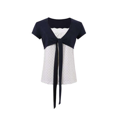 7Shiftin_Polka_Dot_Patchwork_Bandeau_V-neck_Cardigan_Women&