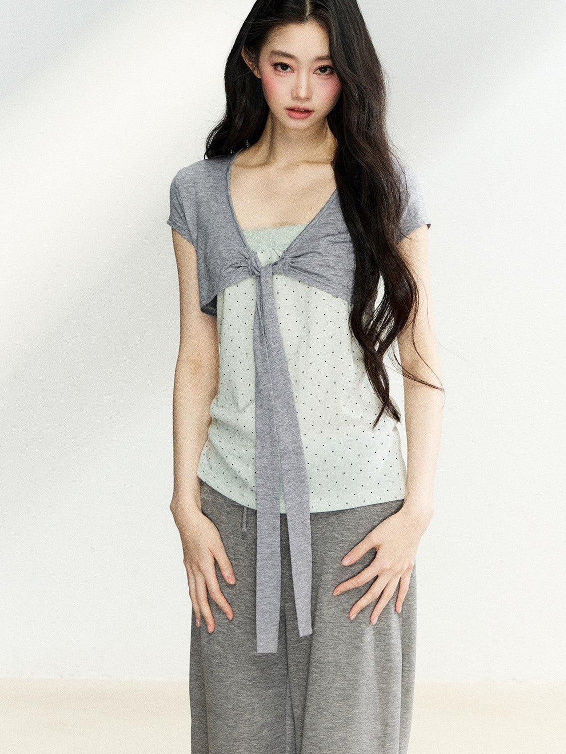 7Shiftin Polka Dot Patchwork Bandeau V-neck Cardigan Women&