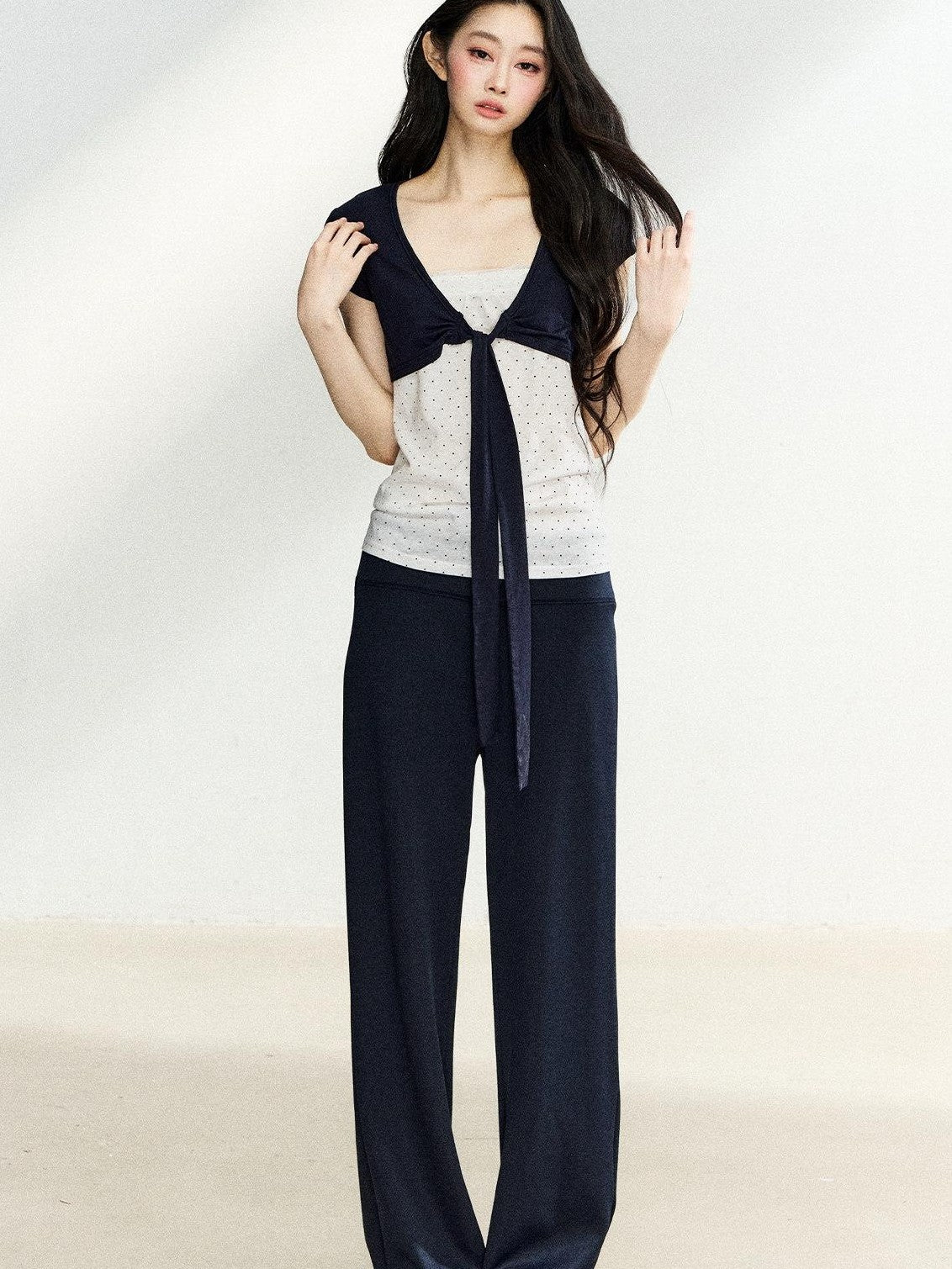 7Shiftin Polka Dot Patchwork Bandeau V-neck Cardigan Women&