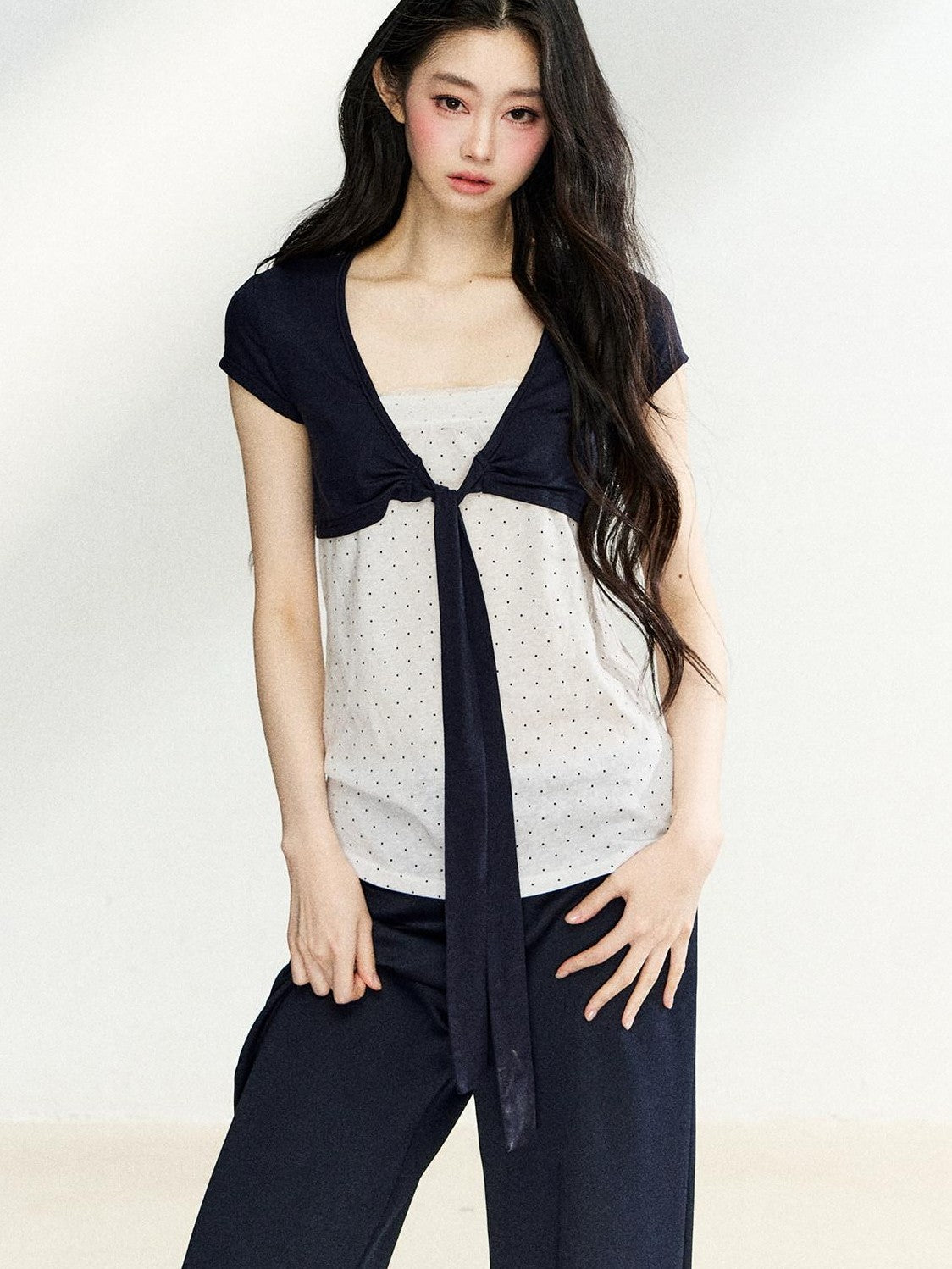 7Shiftin Polka Dot Patchwork Bandeau V-neck Cardigan Women&