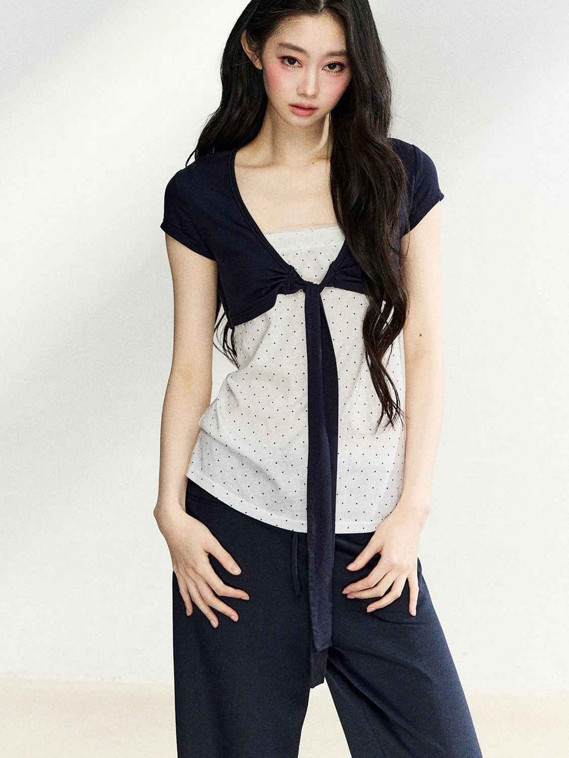 7Shiftin Polka Dot Patchwork Bandeau V-neck Cardigan Women&