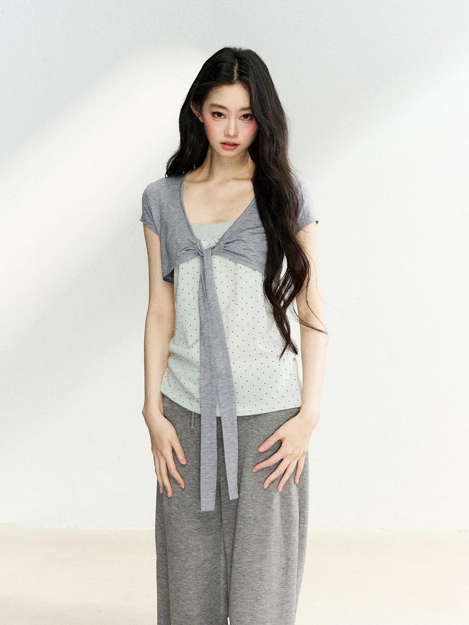 7Shiftin Polka Dot Patchwork Bandeau V-neck Cardigan Women&
