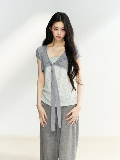 7Shiftin Polka Dot Patchwork Bandeau V-neck Cardigan Women&