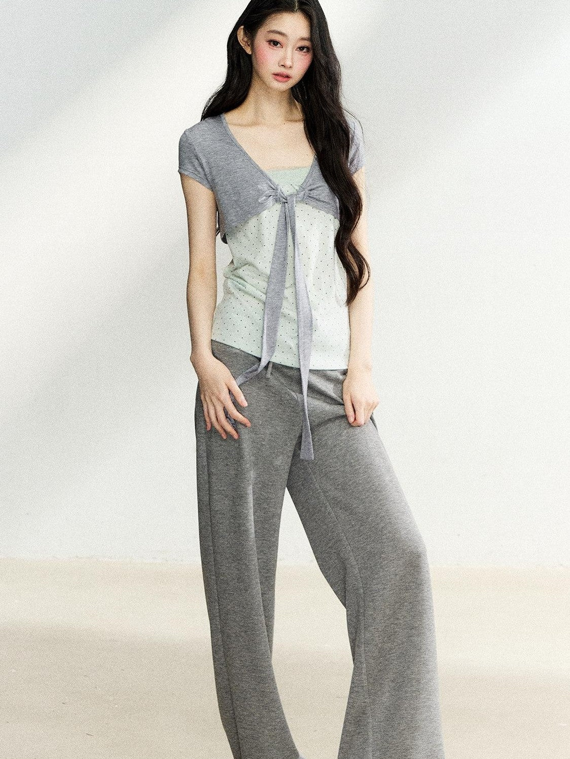 7Shiftin Polka Dot Patchwork Bandeau V-neck Cardigan Women&