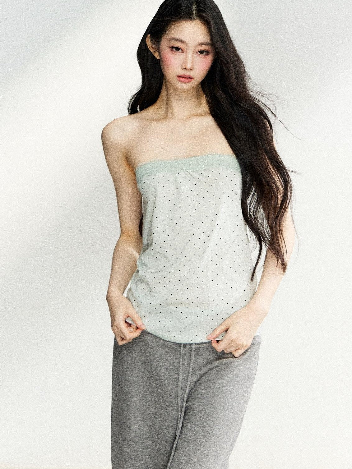 7Shiftin Polka Dot Patchwork Bandeau V-neck Cardigan Women&