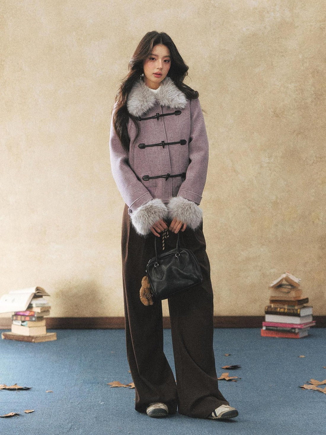 7Shiftin Purple Faux Fur Collar Cinched Waist Toggle Buttons Women&