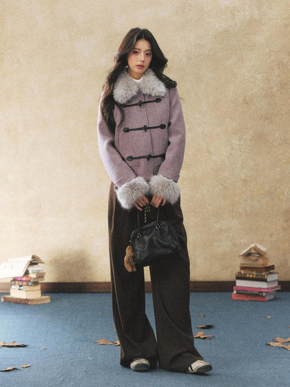7Shiftin Purple Faux Fur Collar Cinched Waist Toggle Buttons Women&