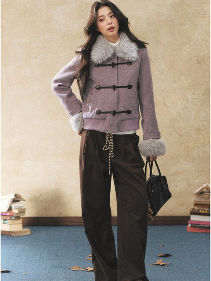 7Shiftin Purple Faux Fur Collar Cinched Waist Toggle Buttons Women&
