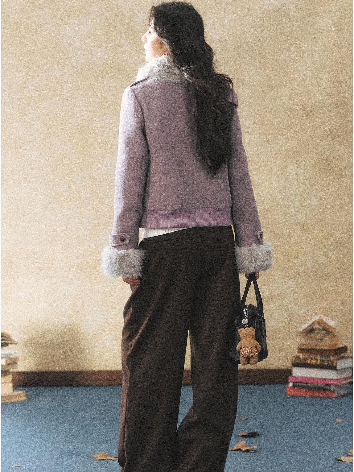 7Shiftin Purple Faux Fur Collar Cinched Waist Toggle Buttons Women&