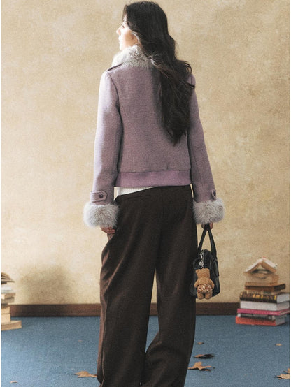 7Shiftin Purple Faux Fur Collar Cinched Waist Toggle Buttons Women&