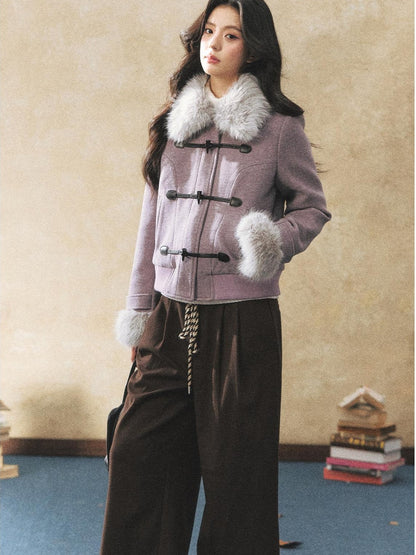 7Shiftin Purple Faux Fur Collar Cinched Waist Toggle Buttons Women&