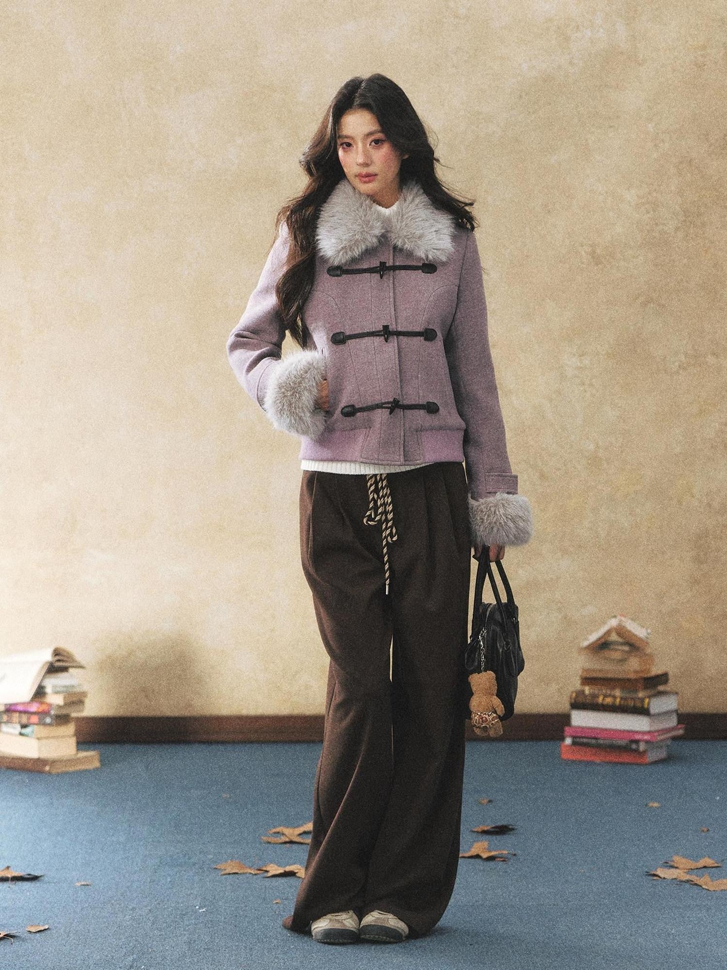 7Shiftin Purple Faux Fur Collar Cinched Waist Toggle Buttons Women&