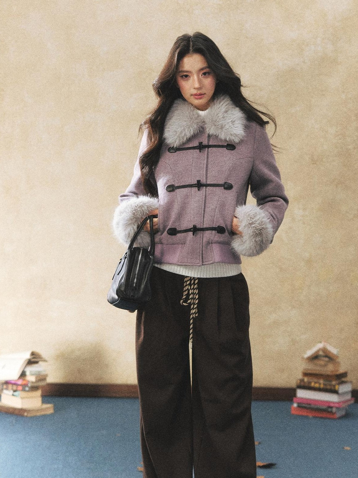 7Shiftin Purple Faux Fur Collar Cinched Waist Toggle Buttons Women&