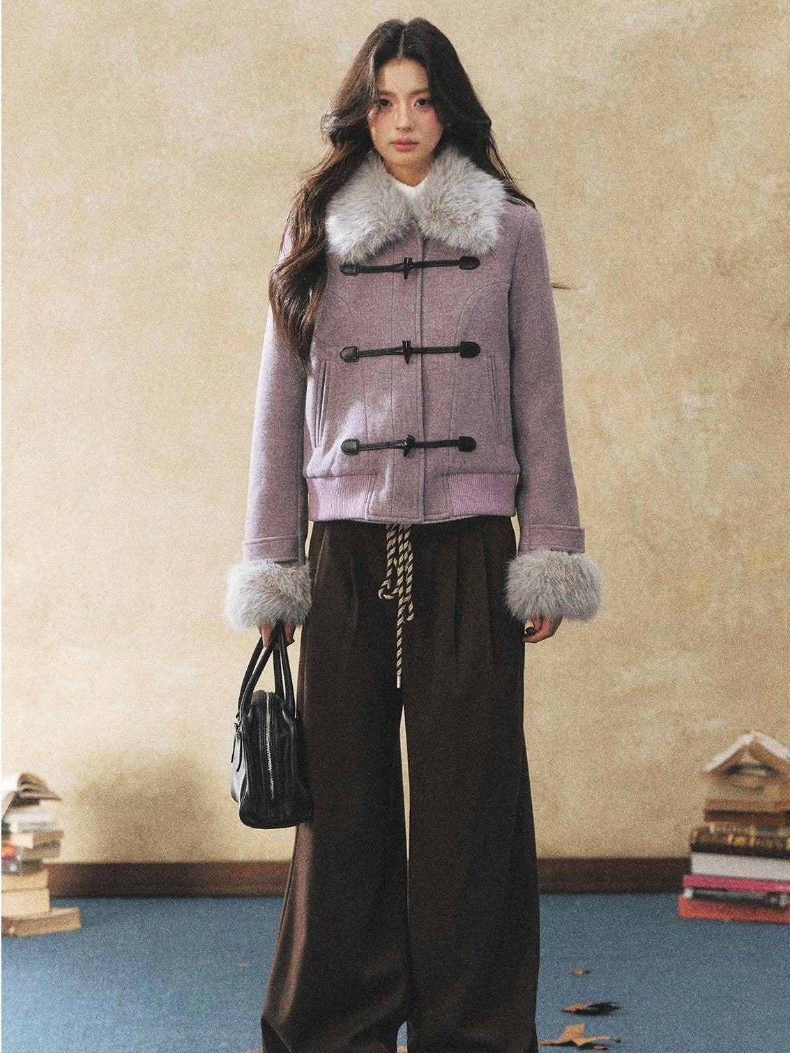 7Shiftin Purple Faux Fur Collar Cinched Waist Toggle Buttons Women&