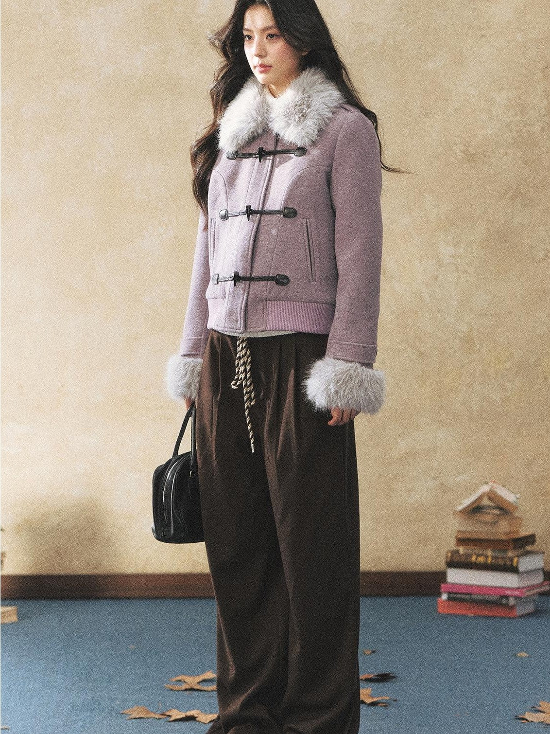 7Shiftin Purple Faux Fur Collar Cinched Waist Toggle Buttons Women&