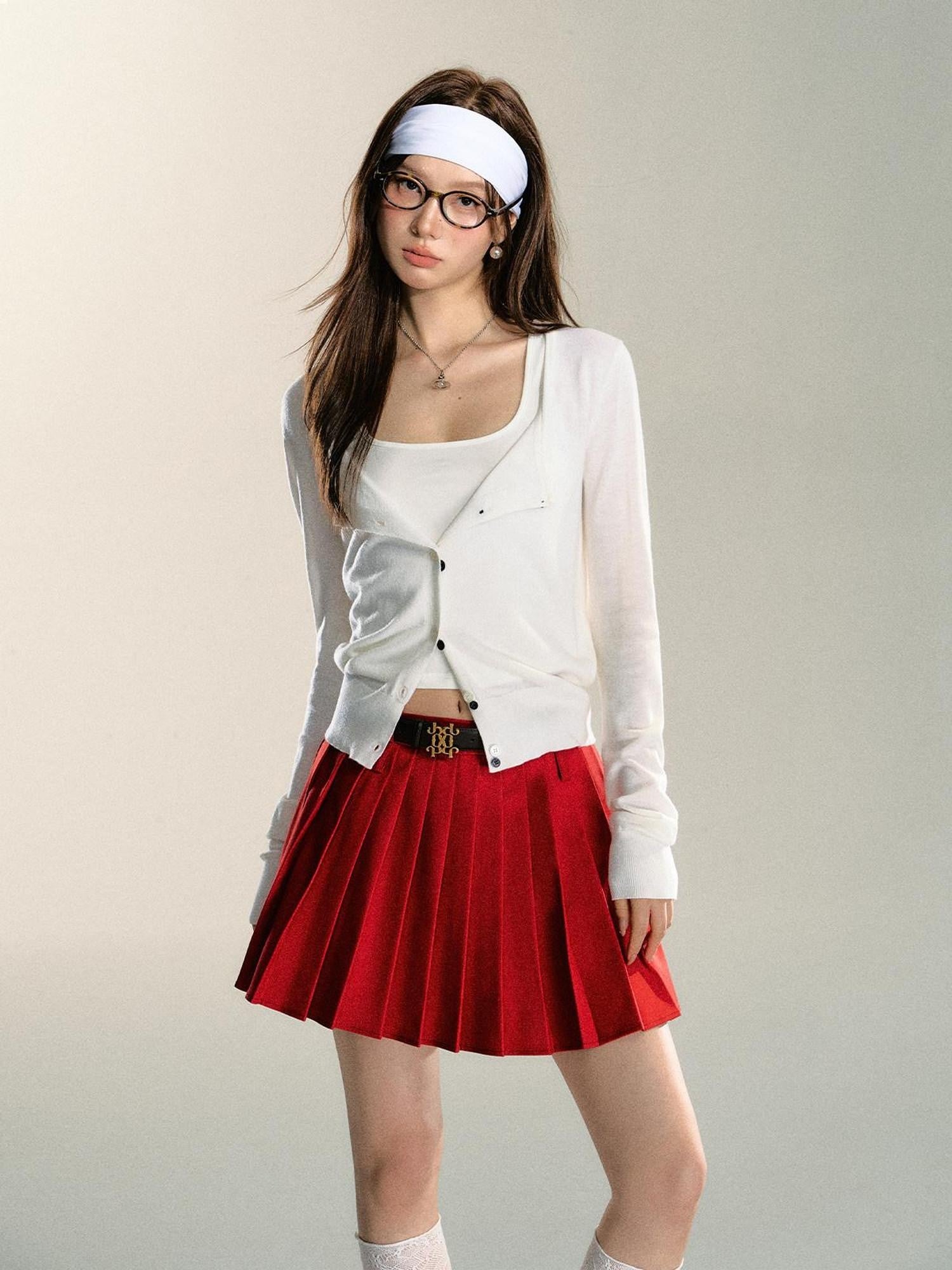 7Shiftin Red Pleated Cardigan Camisole Sweet Slim Women&