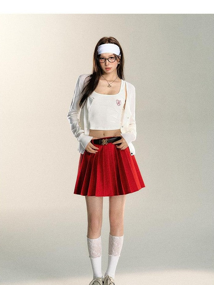 7Shiftin Red Pleated Cardigan Camisole Sweet Slim Women&