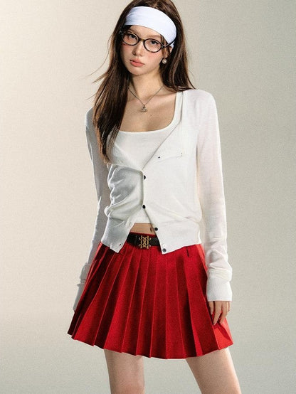 7Shiftin Red Pleated Cardigan Camisole Sweet Slim Women&