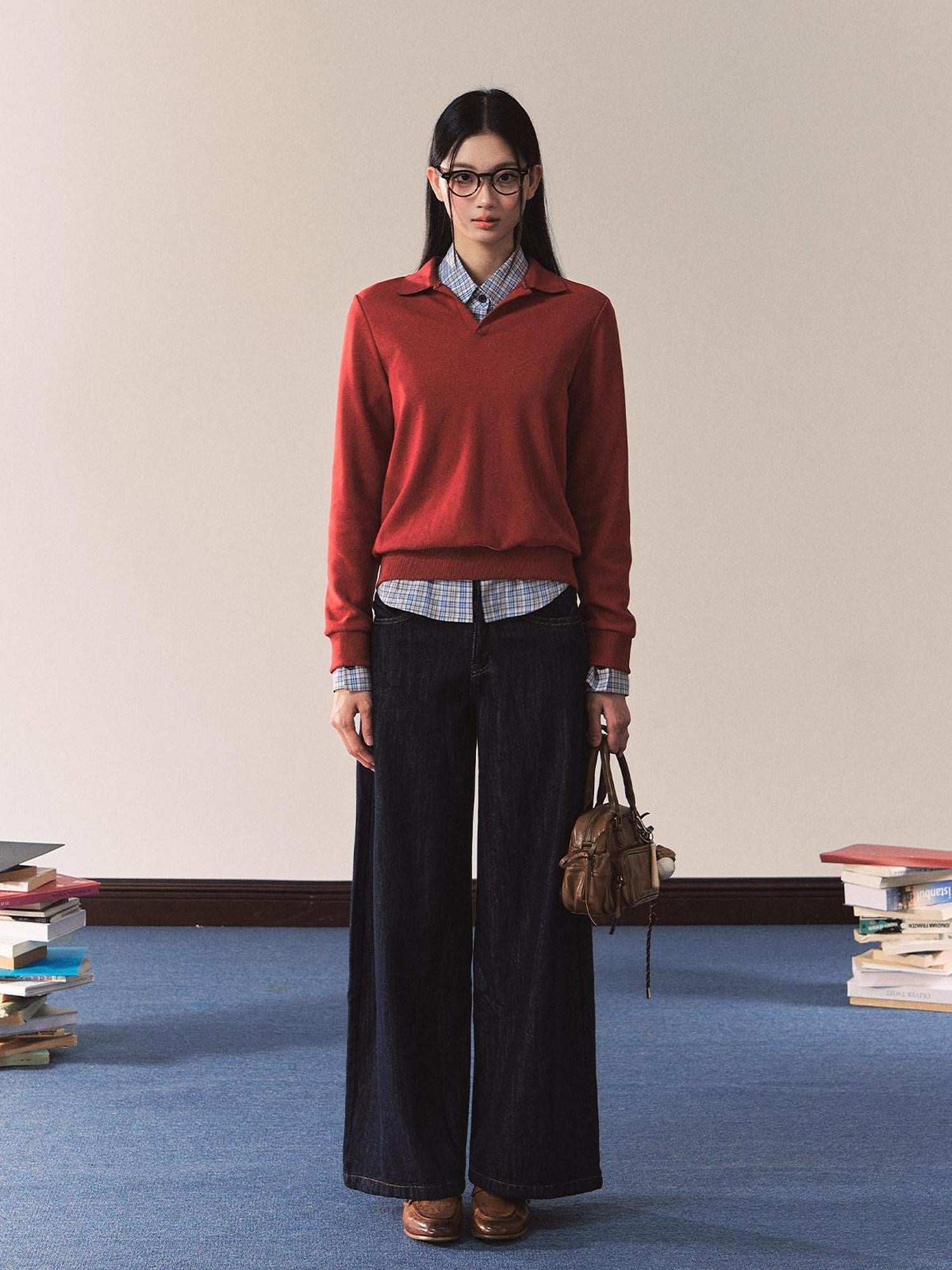 7Shiftin Red Polo Collar Fitted Waist Crew Neck Blue Lined Women&
