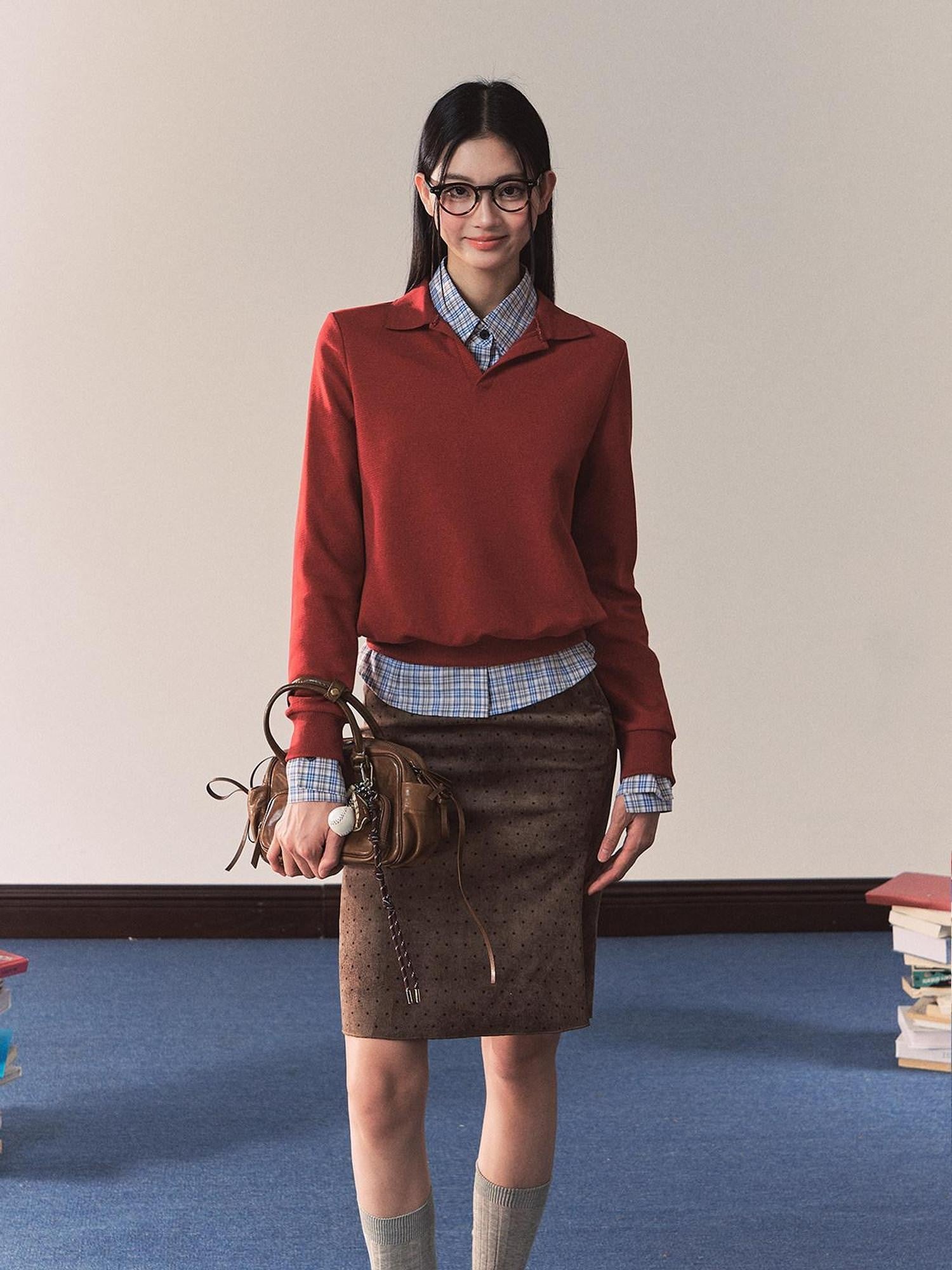 7Shiftin Red Polo Collar Fitted Waist Crew Neck Blue Lined Women&