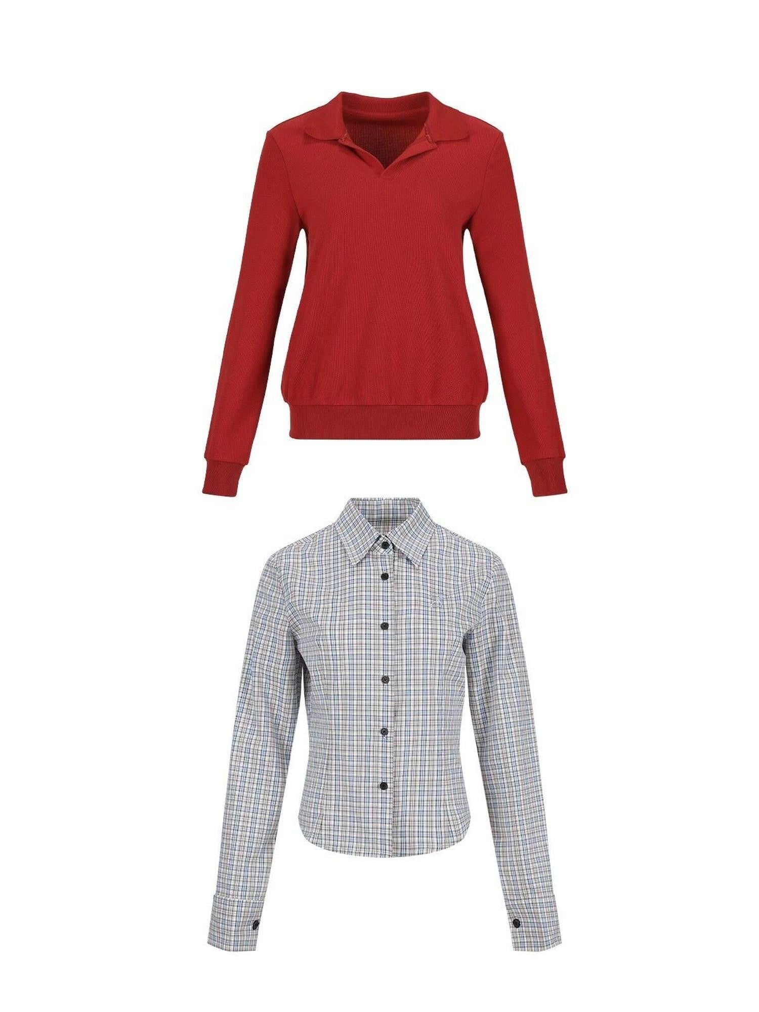 7Shiftin Red Polo Collar Fitted Waist Crew Neck Blue Lined Women&