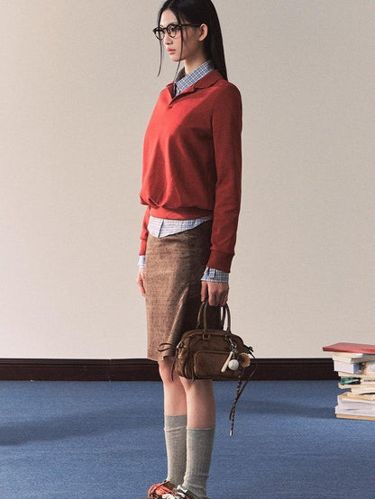 7Shiftin Red Polo Collar Fitted Waist Crew Neck Blue Lined Women&