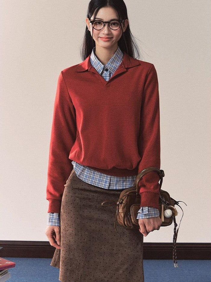 7Shiftin Red Polo Collar Fitted Waist Crew Neck Blue Lined Women&