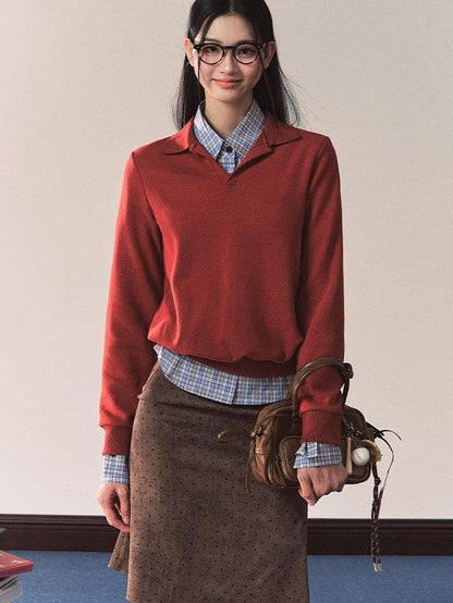 7Shiftin Red Polo Collar Fitted Waist Crew Neck Blue Lined Women&