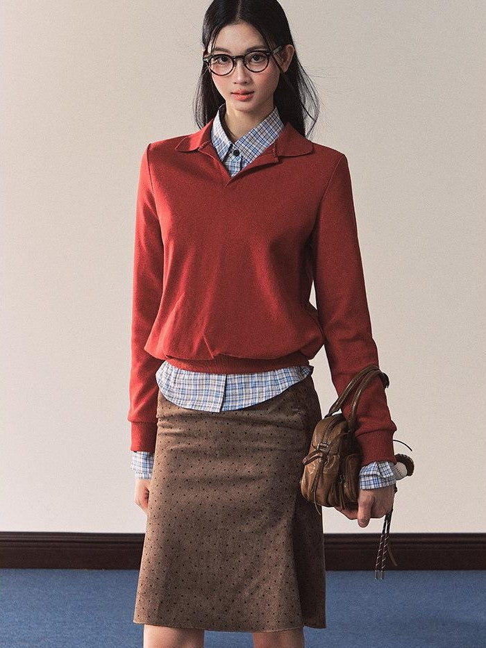 7Shiftin Red Polo Collar Fitted Waist Crew Neck Blue Lined Women&