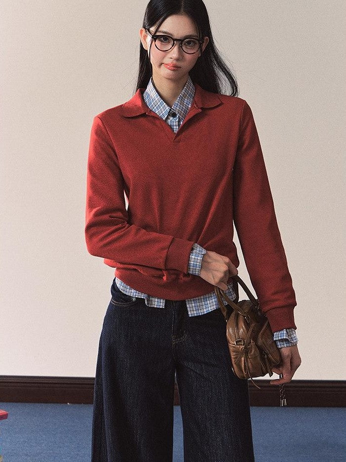 7Shiftin Red Polo Collar Fitted Waist Crew Neck Blue Lined Women&