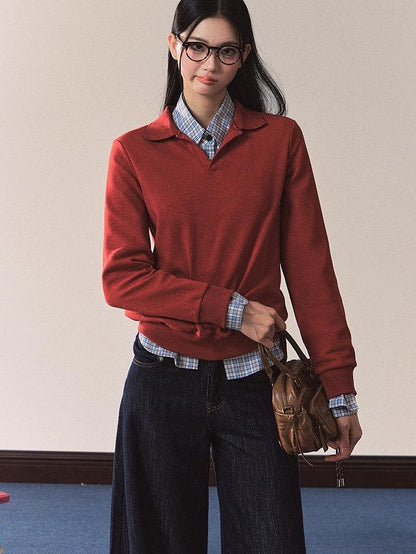 7Shiftin Red Polo Collar Fitted Waist Crew Neck Blue Lined Women&