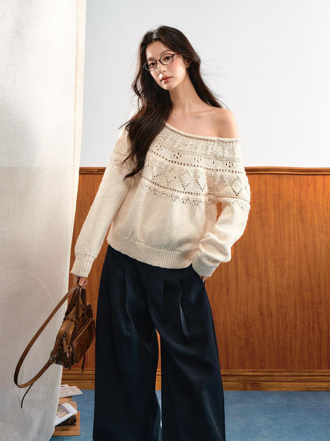 7Shiftin Relaxed Openwork Diamond Pattern Women&