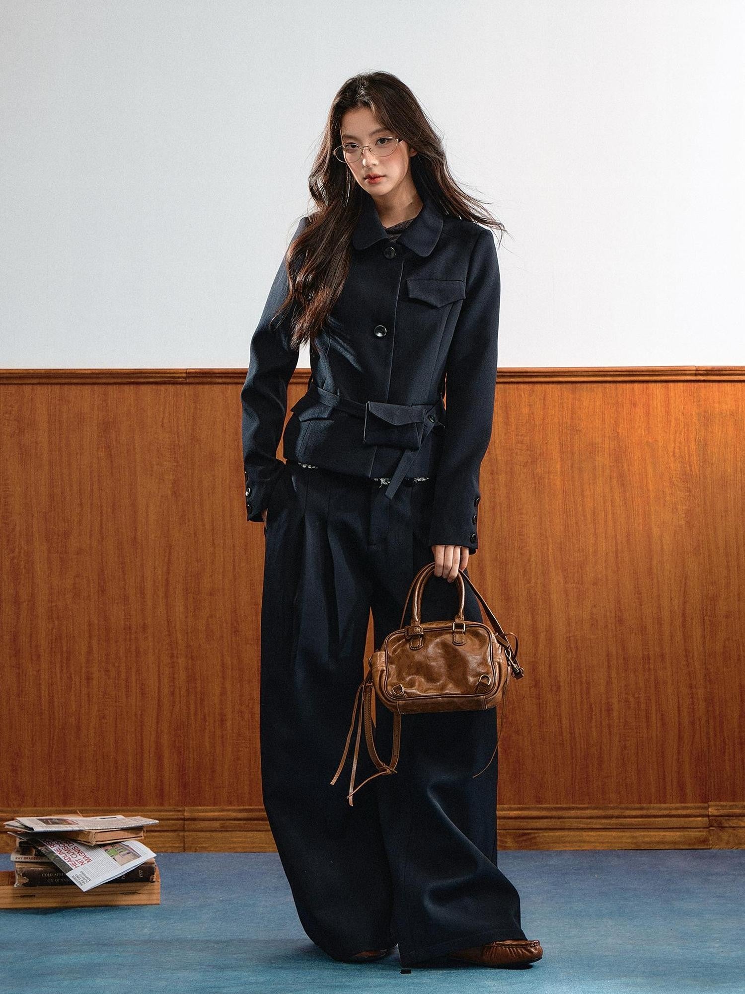 7Shiftin Retro Lapel Detachable Waist Bag Loose Wide Leg Women&