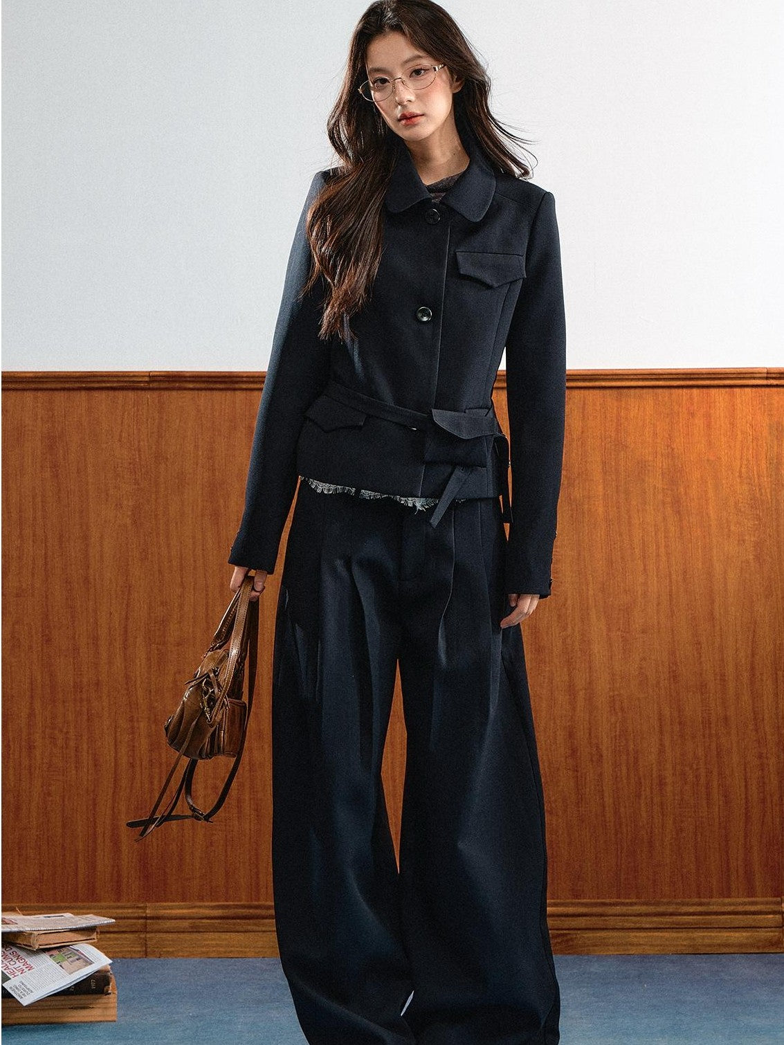 7Shiftin Retro Lapel Detachable Waist Bag Loose Wide Leg Women&