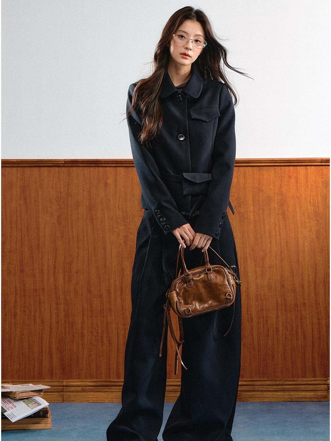 7Shiftin Retro Lapel Detachable Waist Bag Loose Wide Leg Women&