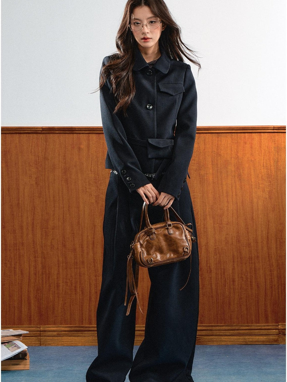 7Shiftin Retro Lapel Detachable Waist Bag Loose Wide Leg Women&