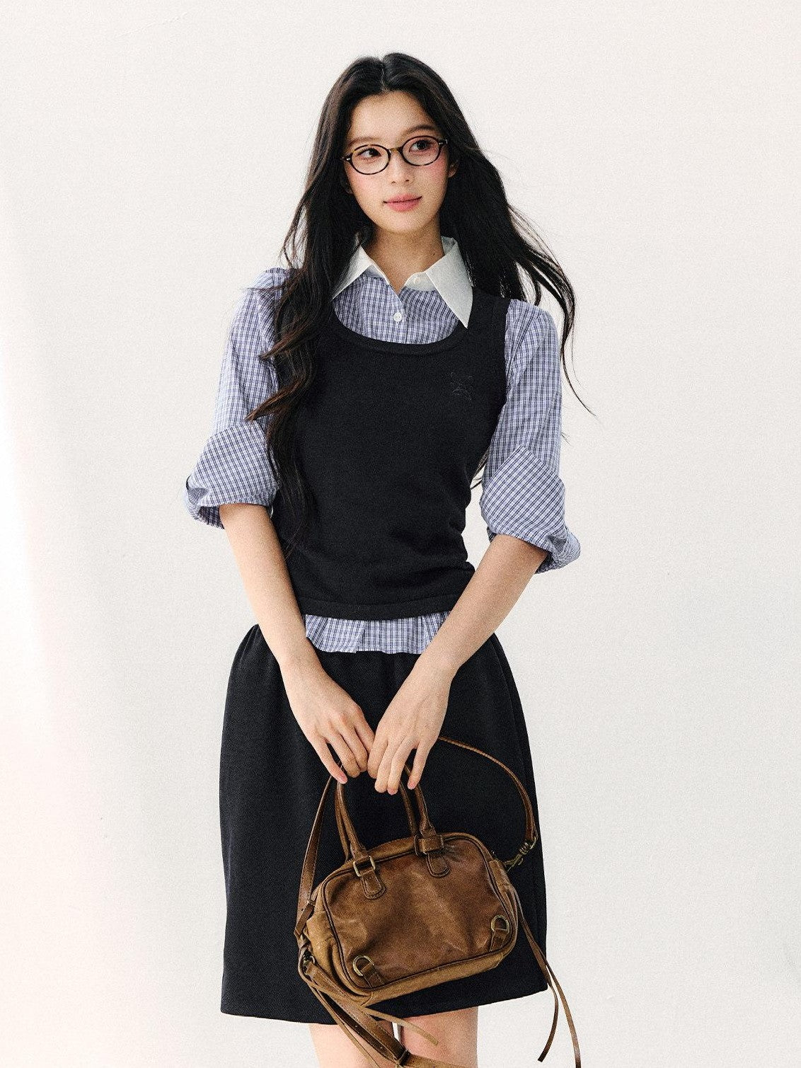 7Shiftin Retro Plaid Turn Collar 3 4 Sleeve Shirt Women&