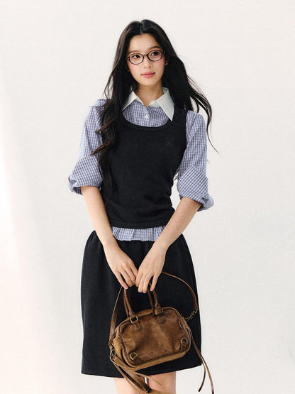 7Shiftin Retro Plaid Turn Collar 3 4 Sleeve Shirt Women&