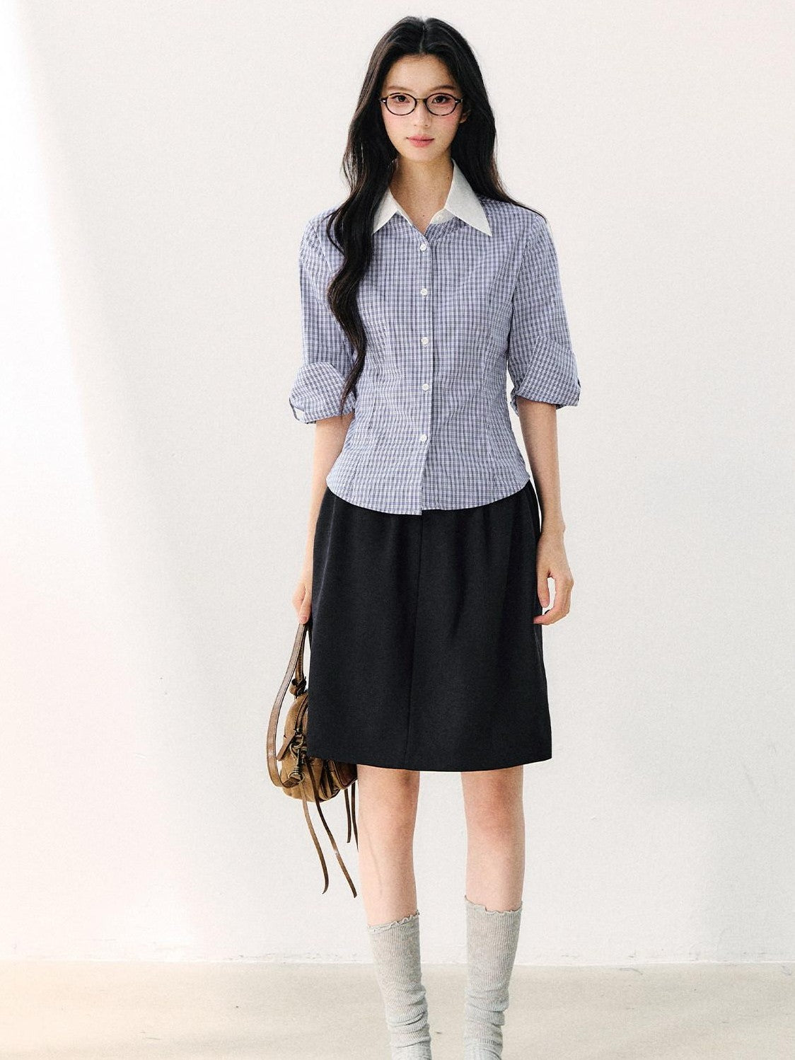 7Shiftin Retro Plaid Turn Collar 3 4 Sleeve Shirt Women&
