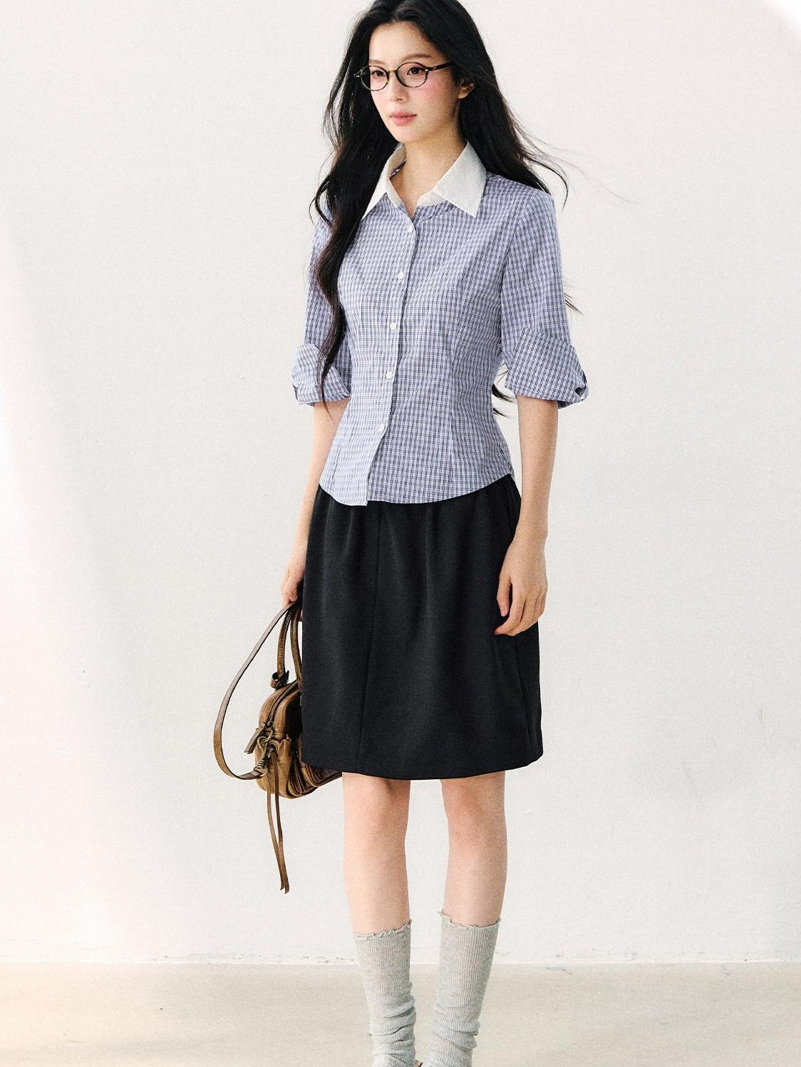 7Shiftin Retro Plaid Turn Collar 3 4 Sleeve Shirt Women&