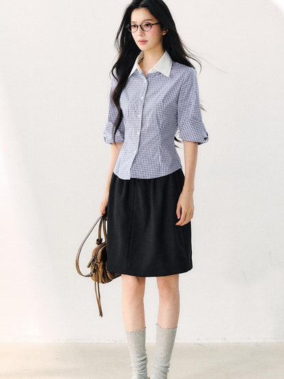 7Shiftin Retro Plaid Turn Collar 3 4 Sleeve Shirt Women&