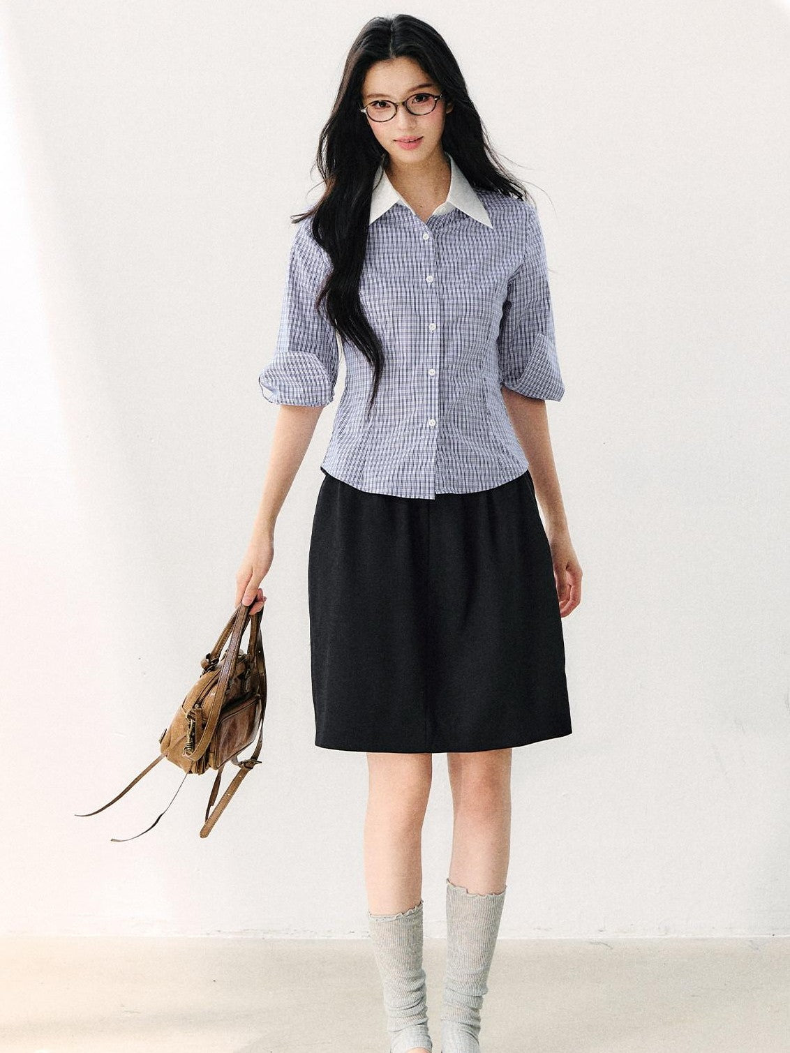 7Shiftin Retro Plaid Turn Collar 3 4 Sleeve Shirt Women&