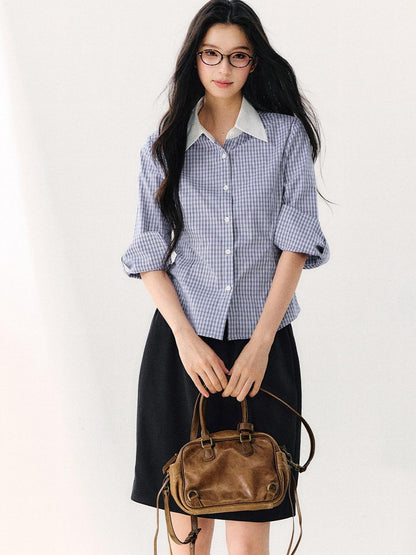 7Shiftin Retro Plaid Turn Collar 3 4 Sleeve Shirt Women&