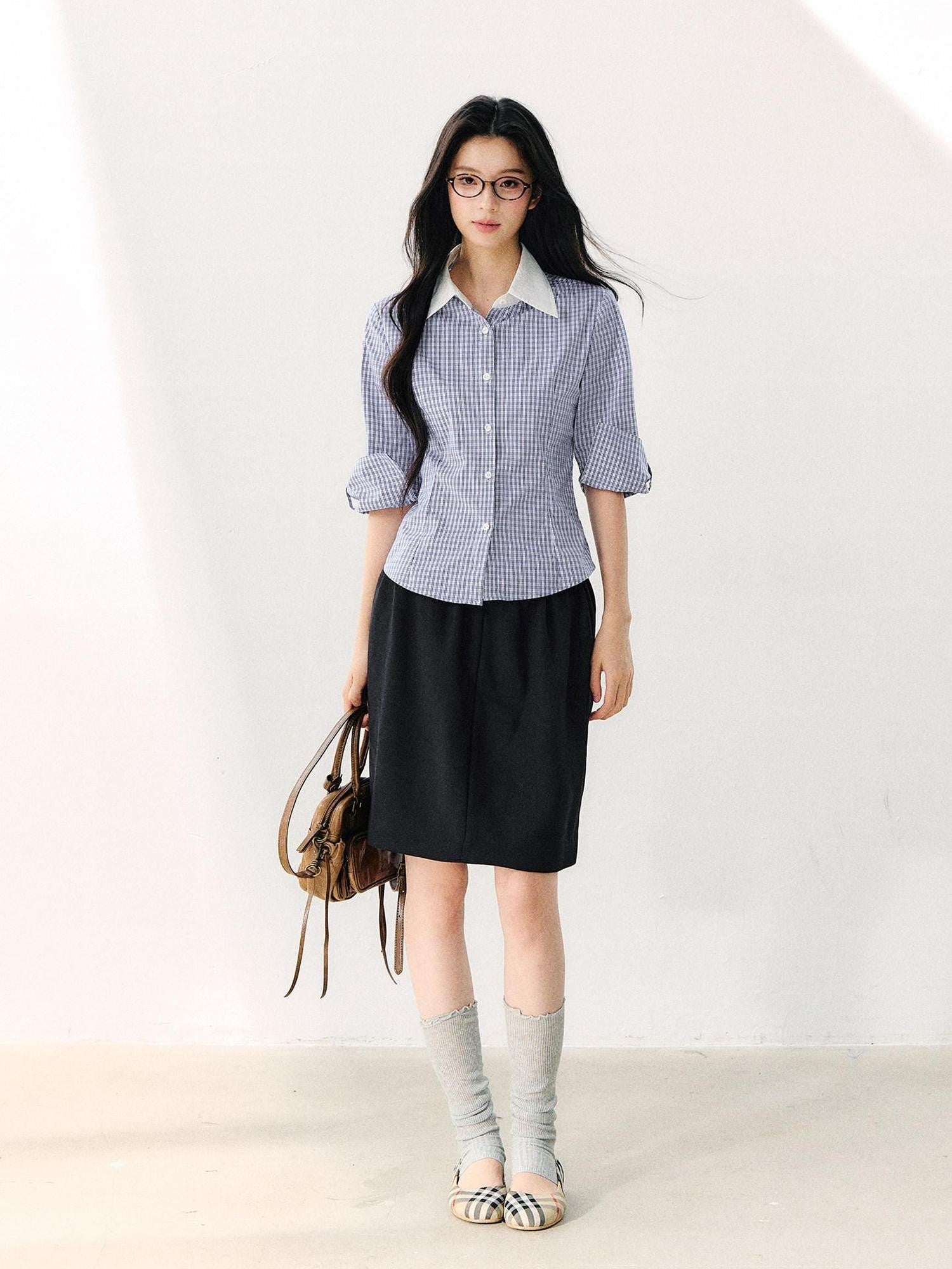 7Shiftin Retro Plaid Turn Collar 3 4 Sleeve Shirt Women&