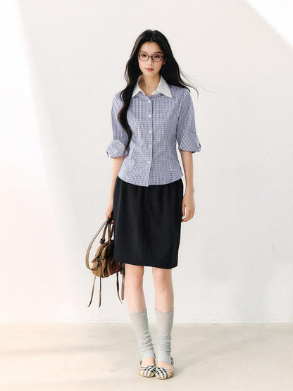 7Shiftin Retro Plaid Turn Collar 3 4 Sleeve Shirt Women&