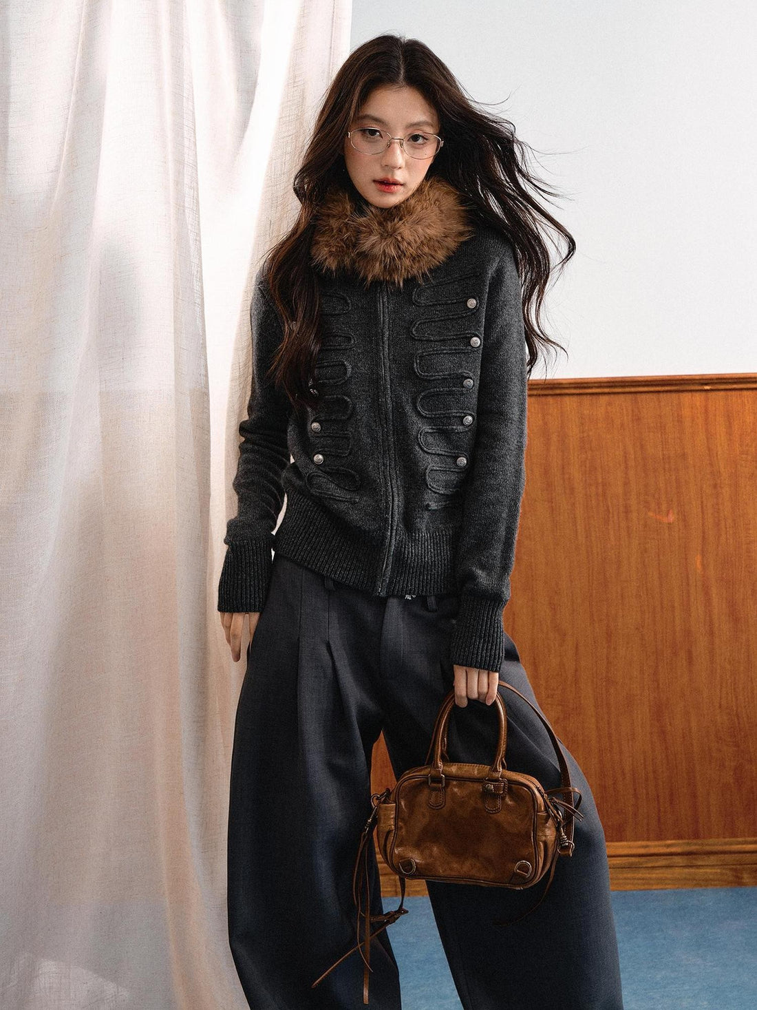 7Shiftin Ribbed Waist Faux Fur Collar Zip Up Women&