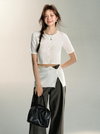 7Shiftin Sexy Two Tone Cropped Buttoned Short Sleeve Women&