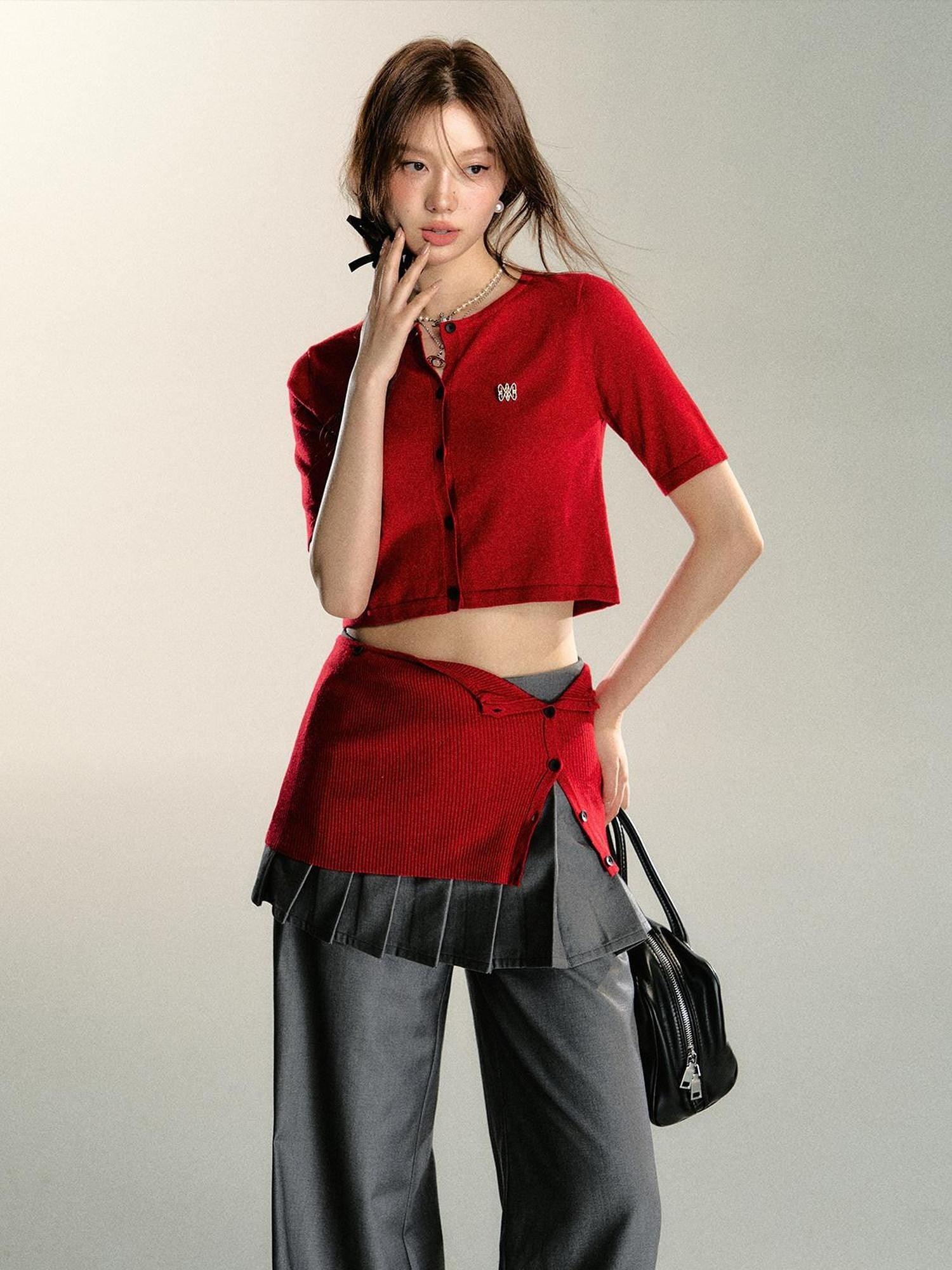 7Shiftin Sexy Two Tone Cropped Buttoned Short Sleeve Women&